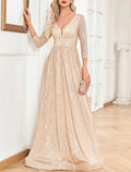Champagne Sequin A-Line Floor-Length Evening Dress with V-Neck & Pleated Waistband