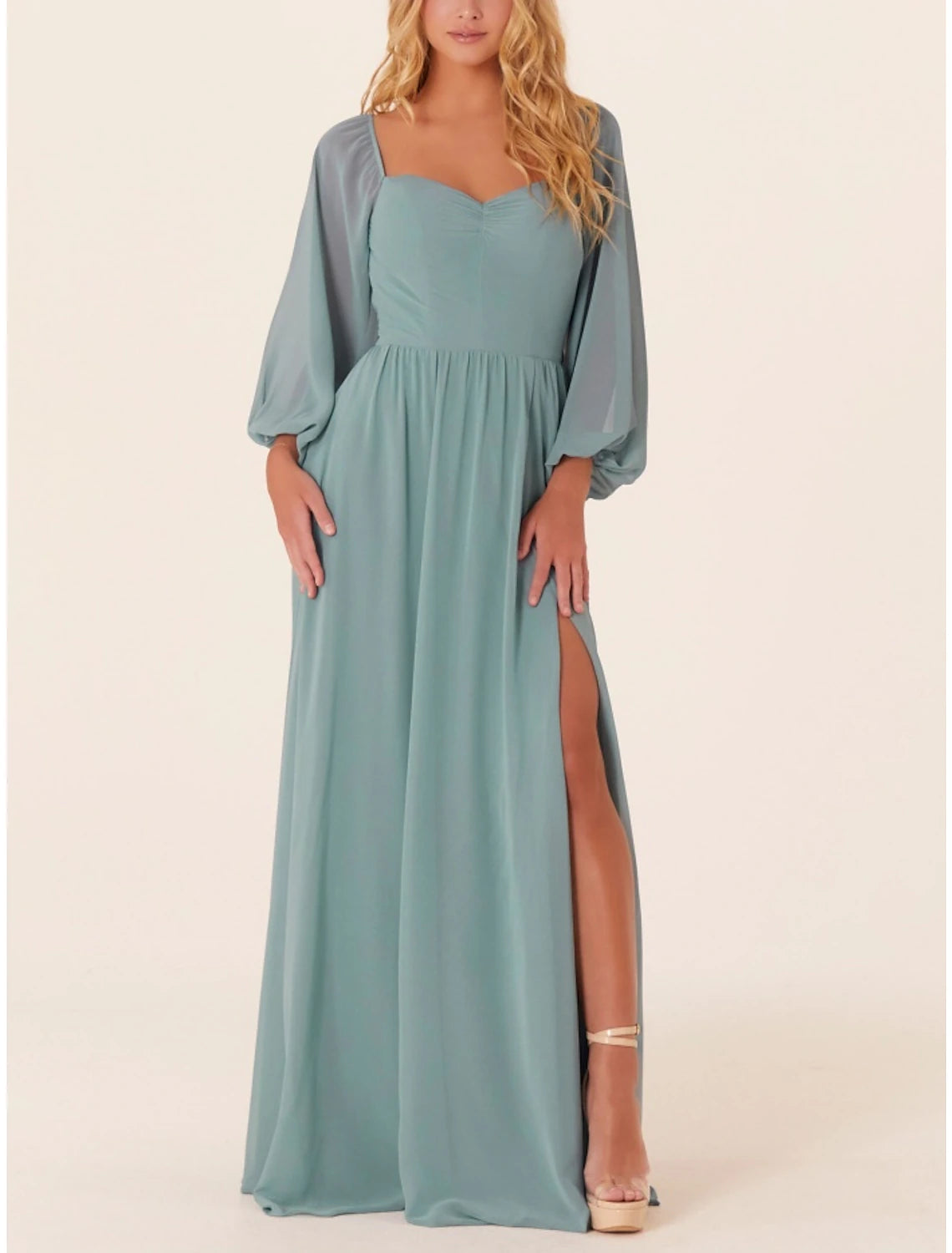 Dusty Sage Chiffon A-Line Floor-Length Dress with Sweetheart Neckline, Ruched Bodice, Puff Sleeves, and High Slit