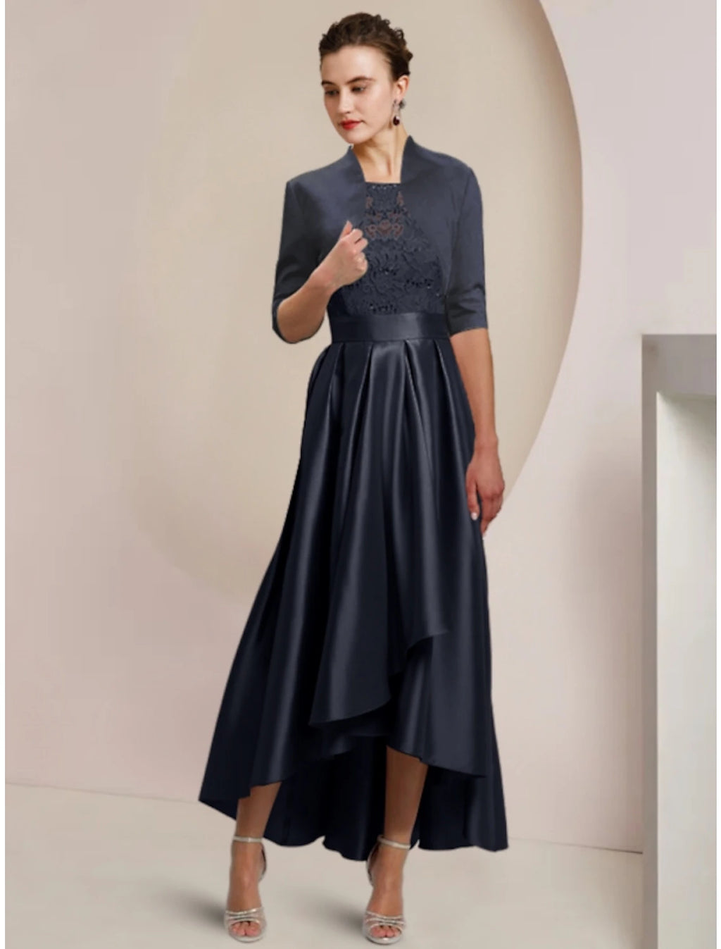 Dark Navy Satin A-Line High-Low Evening Dress with Lace Bodice and Bolero Jacket