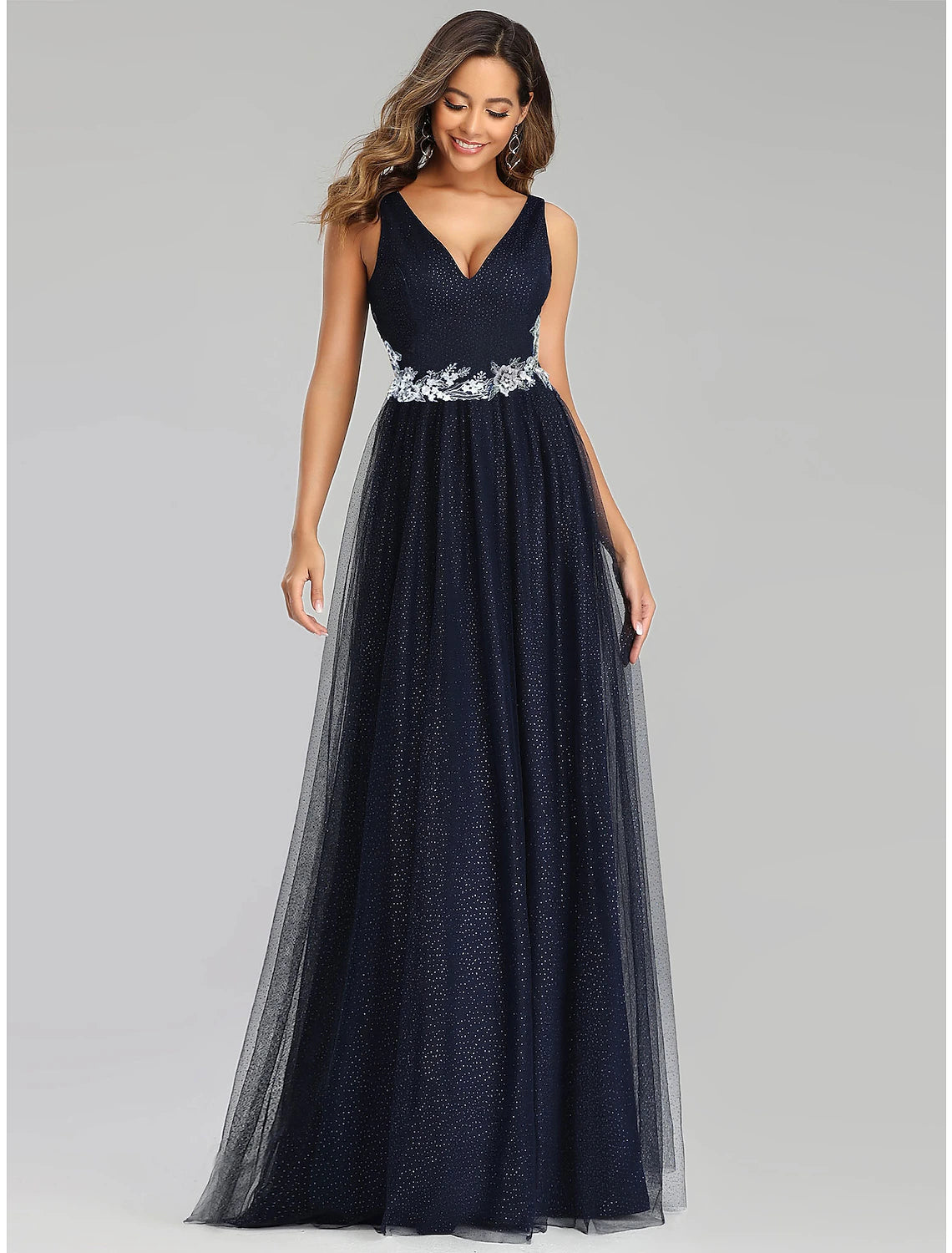 Vestidos de fiesta de corte A, estilo imperio, para invitados de boda, hasta el suelo, sin mangas, cuello en V, tul con apliques de lentejuelas