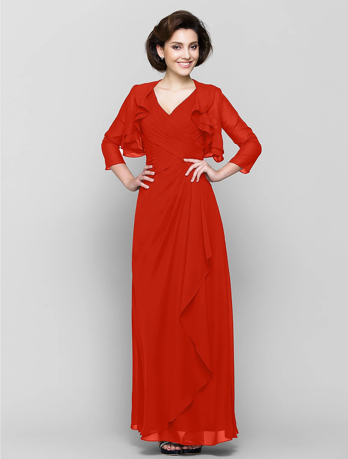 Abito da madre della sposa a tubino/colonna, abito convertibile, scollo a V, lunghezza pavimento, in chiffon, manica a 3/4 con volant a cascata incrociati