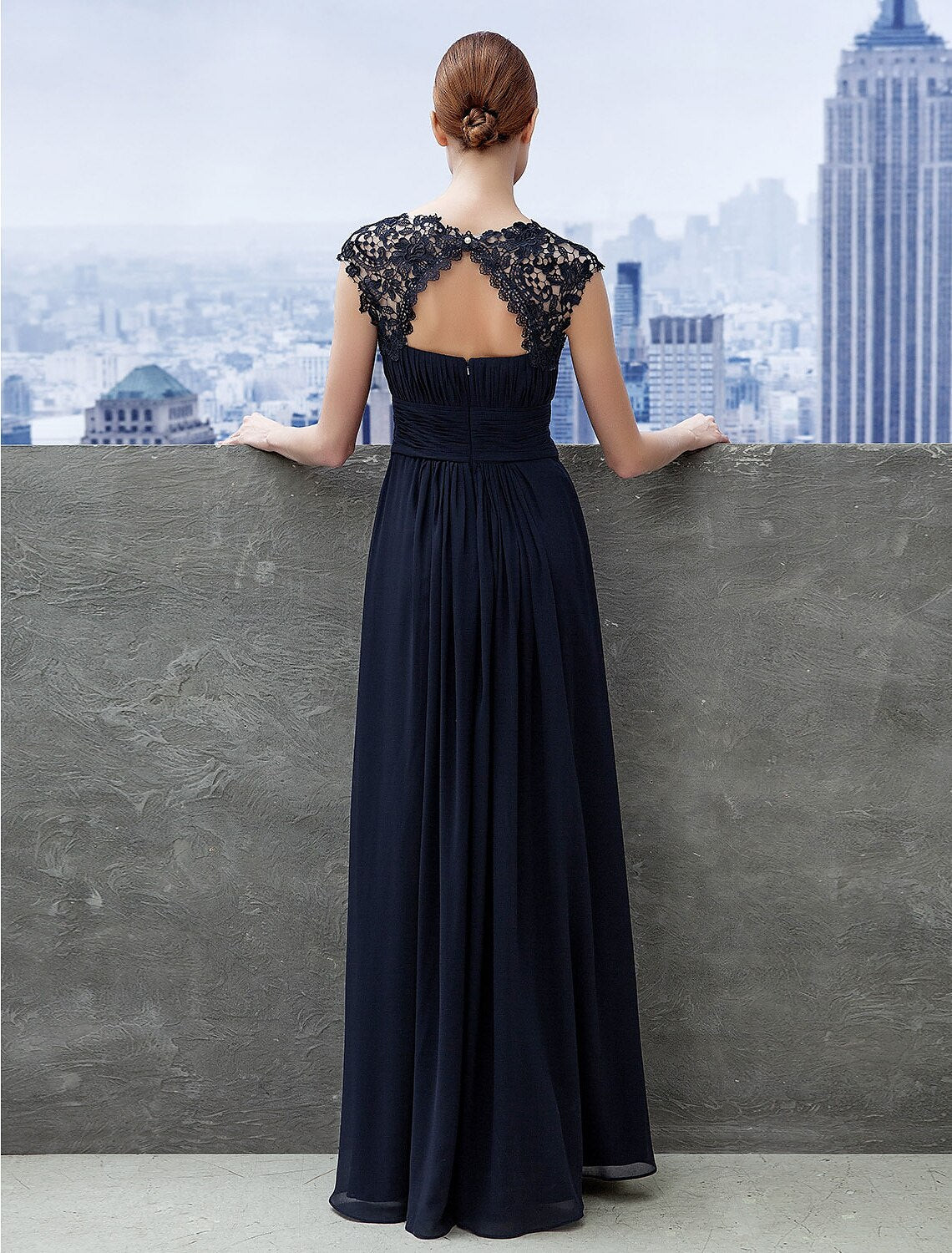 Dark Navy Chiffon A-Line Floor-Length Dress with Lace Overlay Bodice
