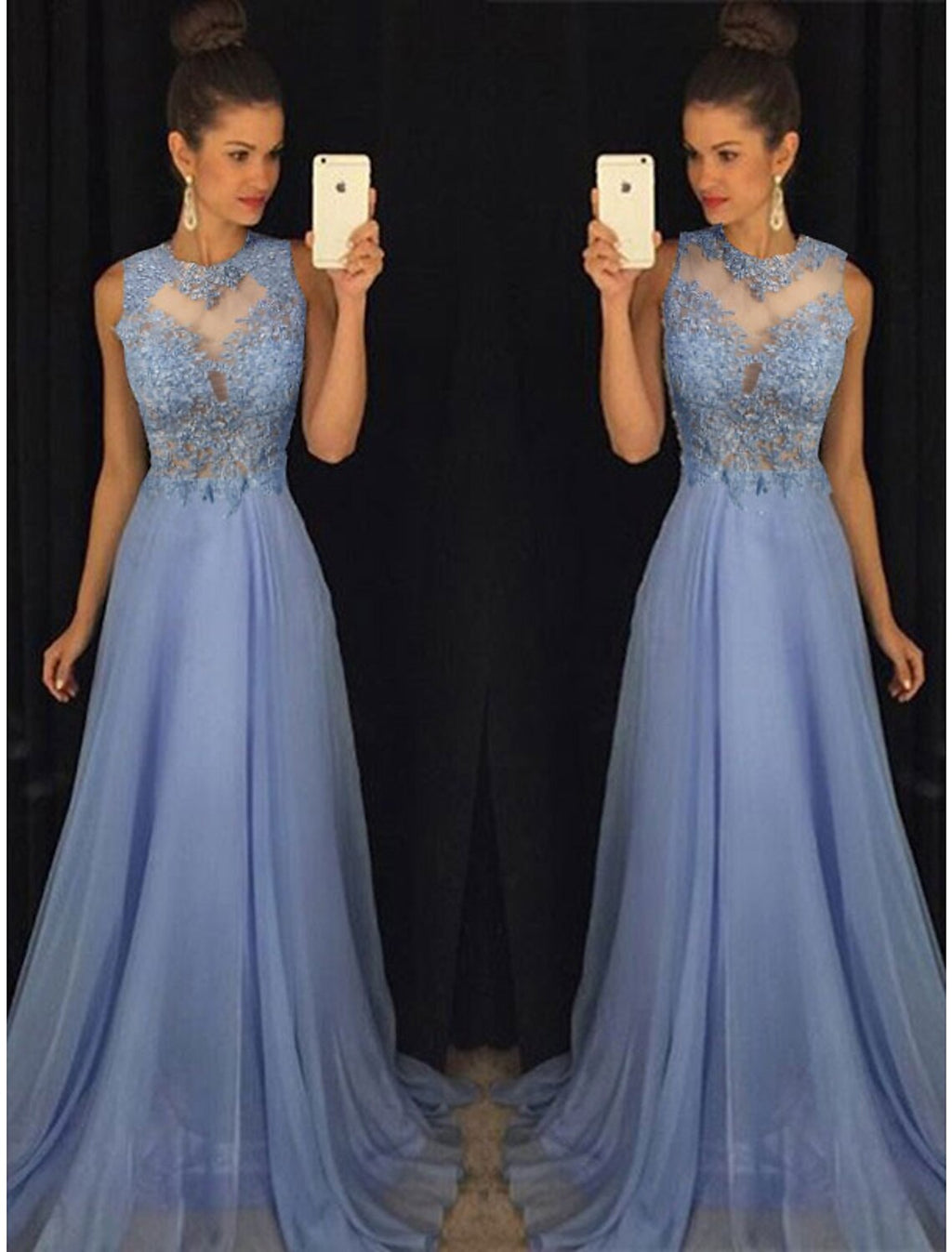 Vestido de noche formal de corte imperio, corte A, escote joya, sin mangas, cola larga de gasa con apliques de cuentas