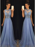 Vestido de noche formal de corte imperio, corte A, escote joya, sin mangas, cola larga de gasa con apliques de cuentas