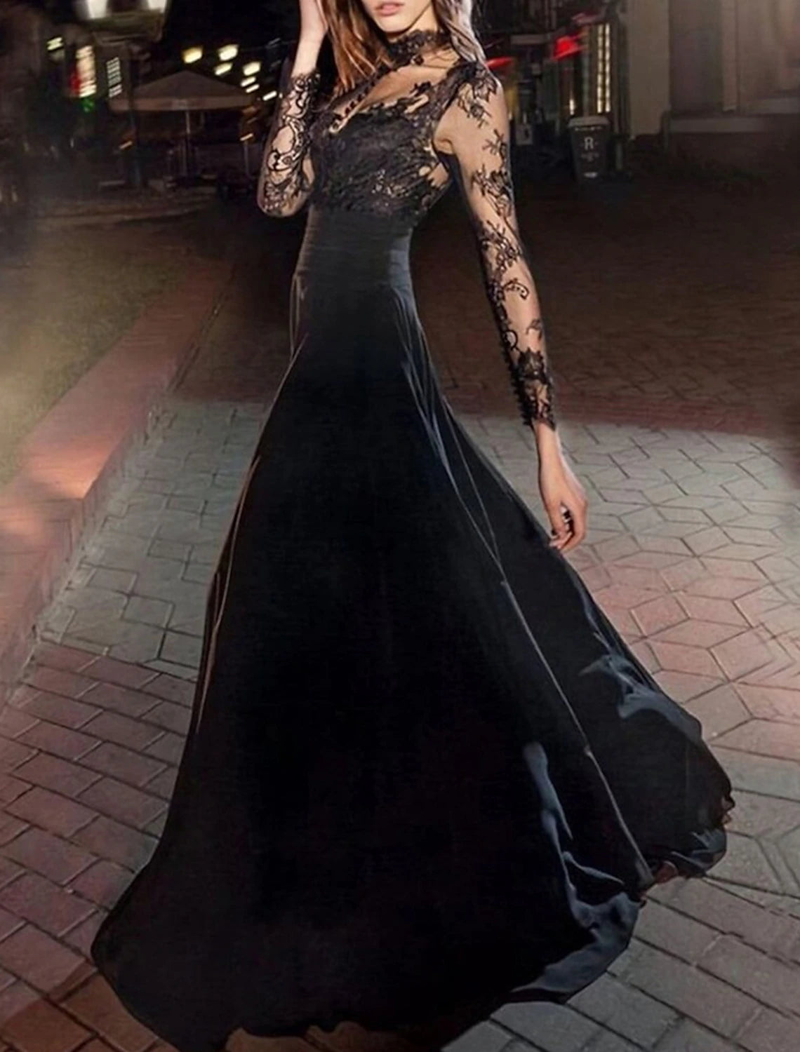 Vestido de noche estilo vintage de corte A, largo hasta el suelo, manga larga, cuello alto, negro, de gasa con apliques
