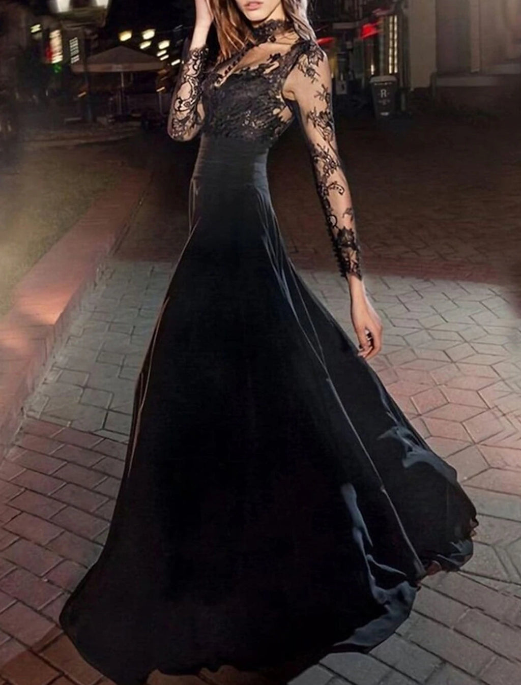 Black Lace A-Line Floor-Length Evening Dress with High Neck