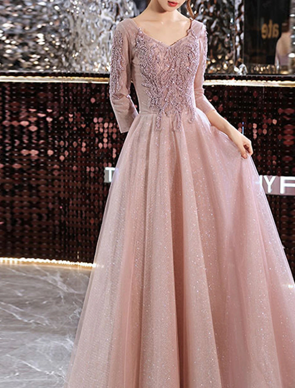 Vestidos de fiesta de corte A, elegantes, para invitados de boda, para graduación, largo hasta el suelo, mangas 3/4, escote en V, encaje con apliques