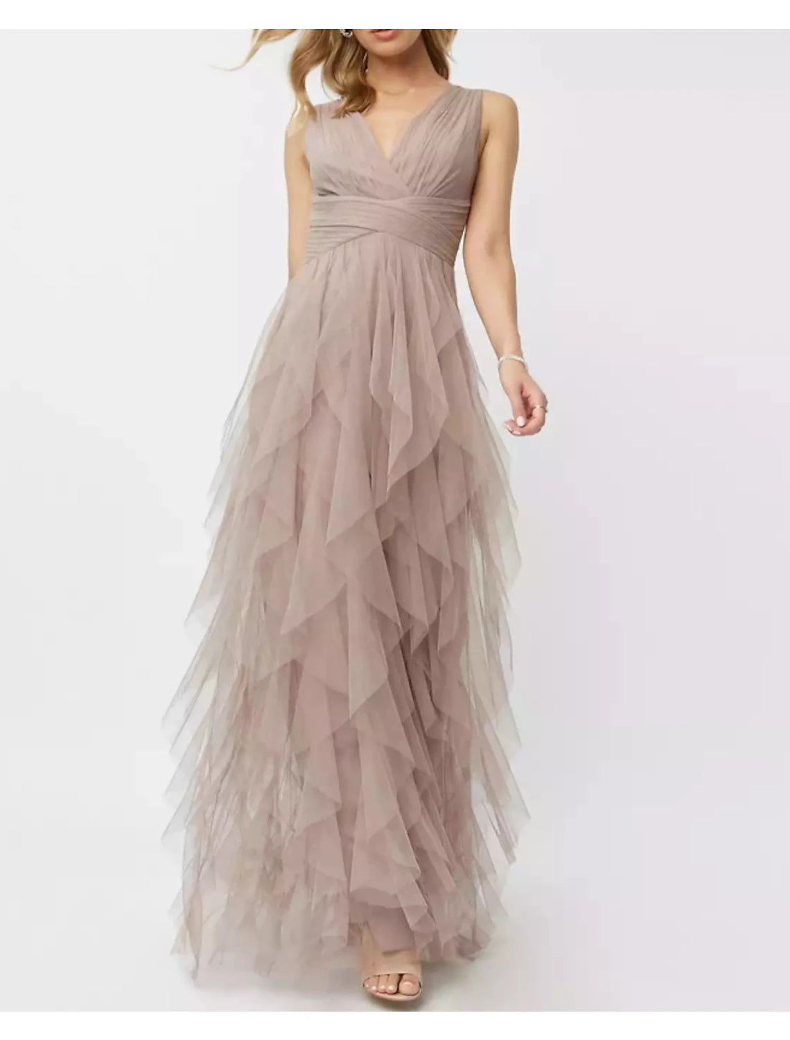 Abito da festa a trapezio, abito da sera formale primaverile, scollo a V, senza maniche, lunghezza al pavimento, in poliestere con balza drappeggiata