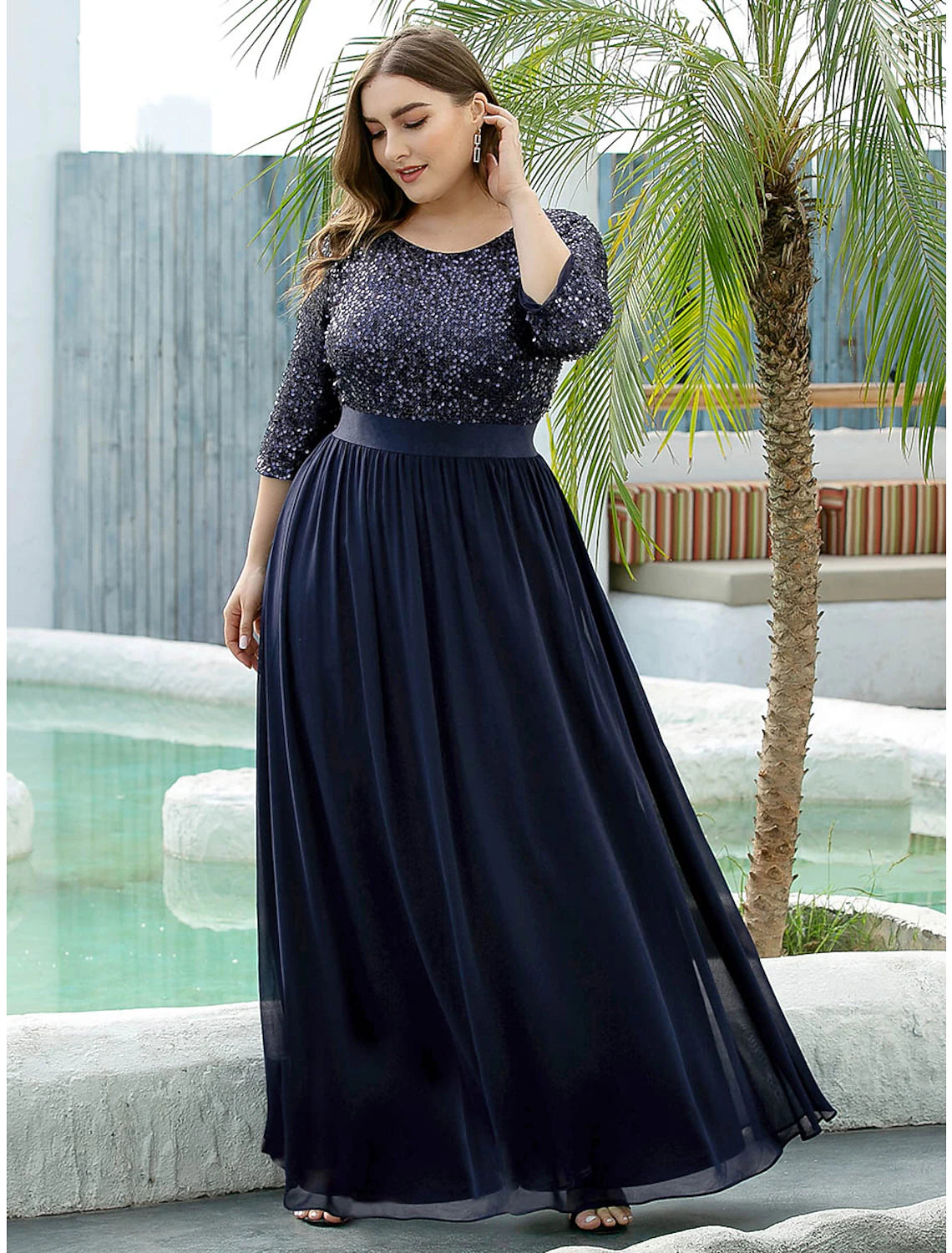 Abito da cerimonia per la madre della sposa, a trapezio, elegante, con scollo gioiello, lunghezza al pavimento, in tulle con paillettes, manica a 3/4, con paillettes, taglie forti