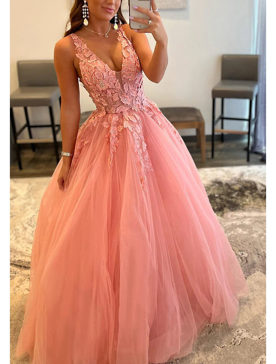 Pink Tulle A-Line Floor-Length Evening Dress with Plunging V-Neck & Embellished Lace Appliques