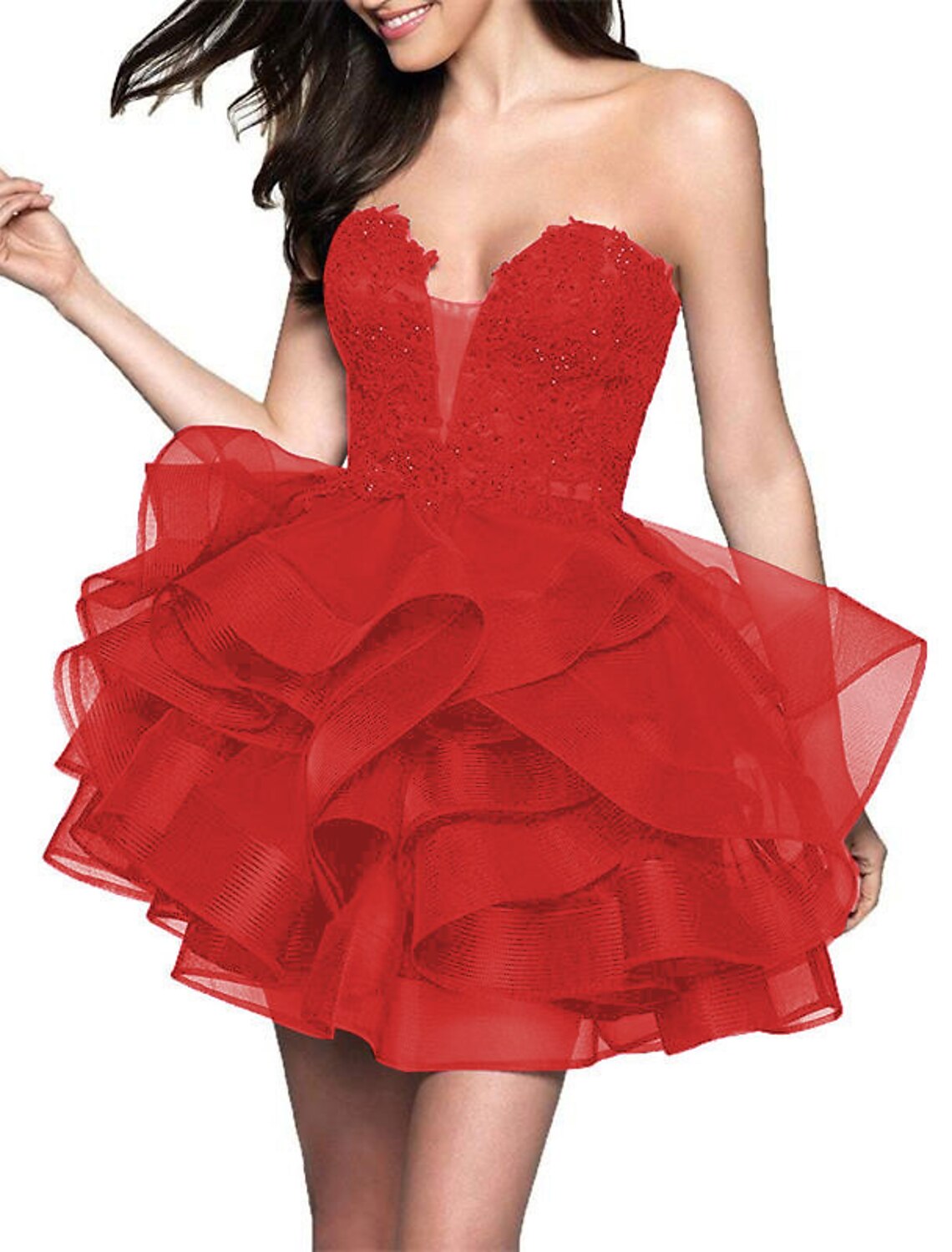 A-Line Minimalist Party Wear Sleeveless Strapless Satin with Appliques Tiered Short/Mini Homecoming Dresses