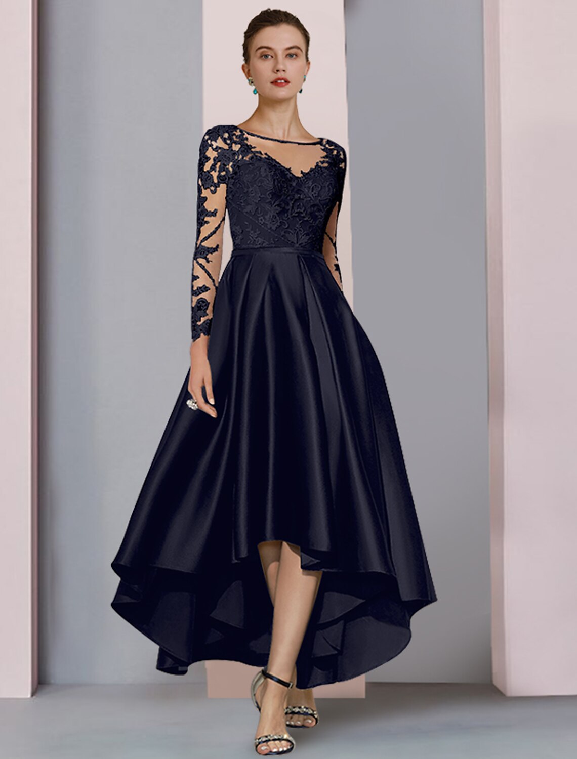 Champagne Lace A-Line Asymmetrical Evening Dress