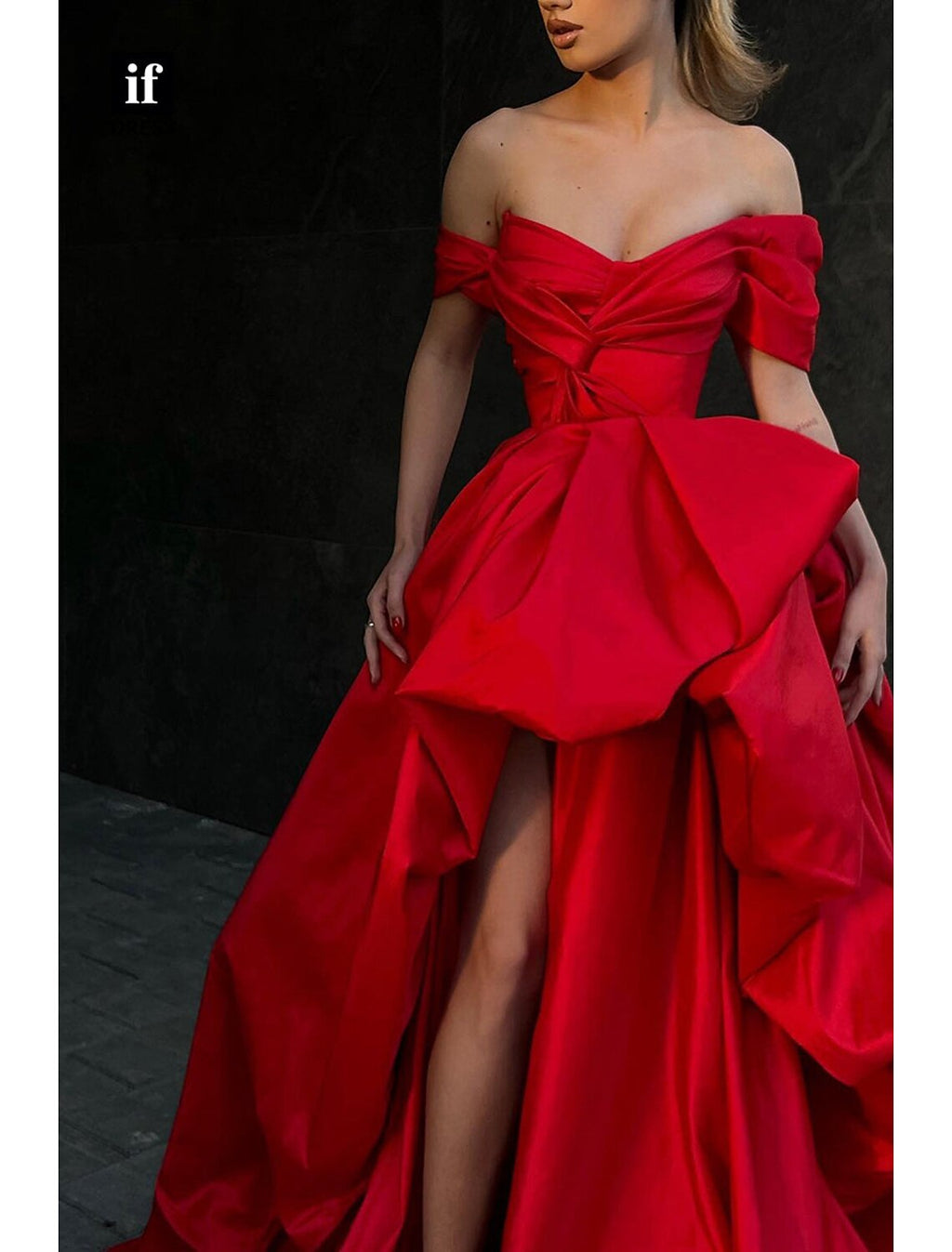 Vestido de noche de corte A, vestido de fiesta rojo y verde, vestido de baile de máscaras, cola larga/cortada, sin mangas, hombros descubiertos, satén con abertura