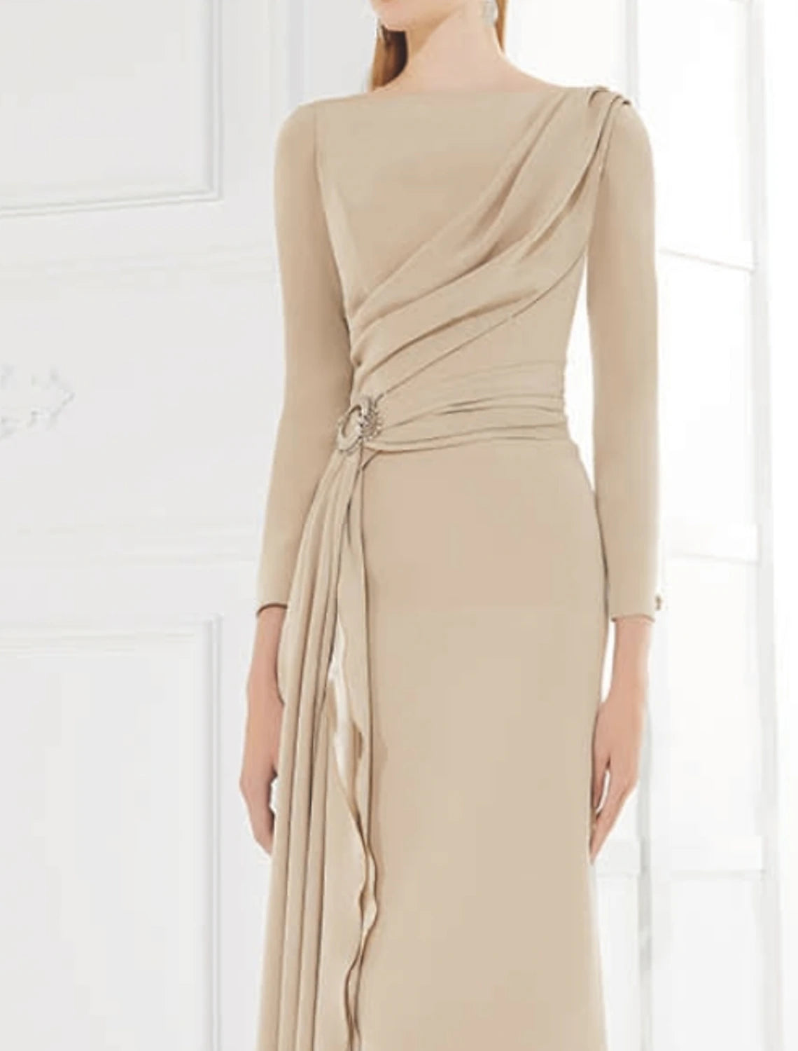 Champagne A-Line Floor-Length Evening Dress - Draped Boat Neck