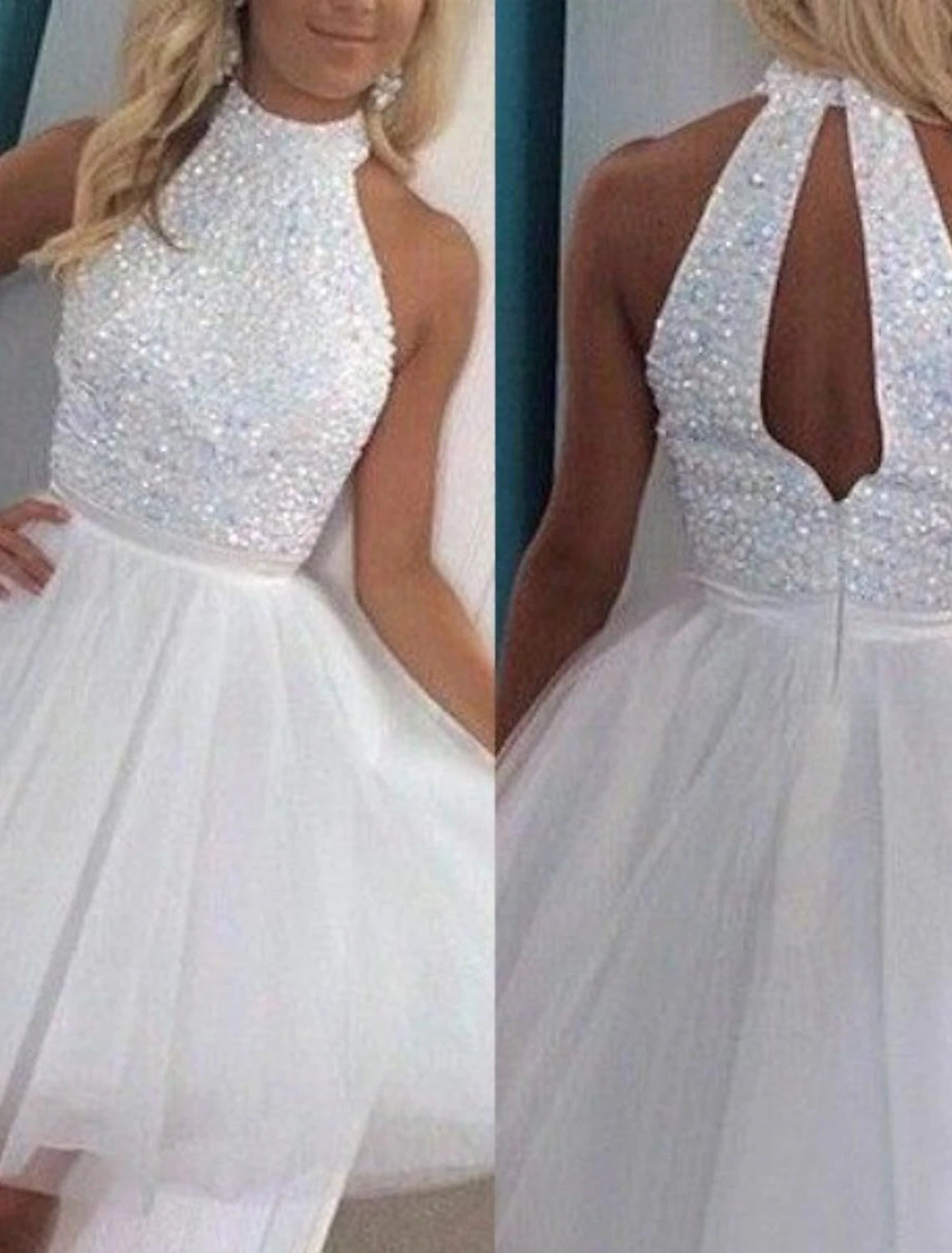 Abiti da ballo a trapezio, senza schienale, per feste, laurea, corti/mini, senza maniche, scollo all'americana, in tulle con perline glitterate