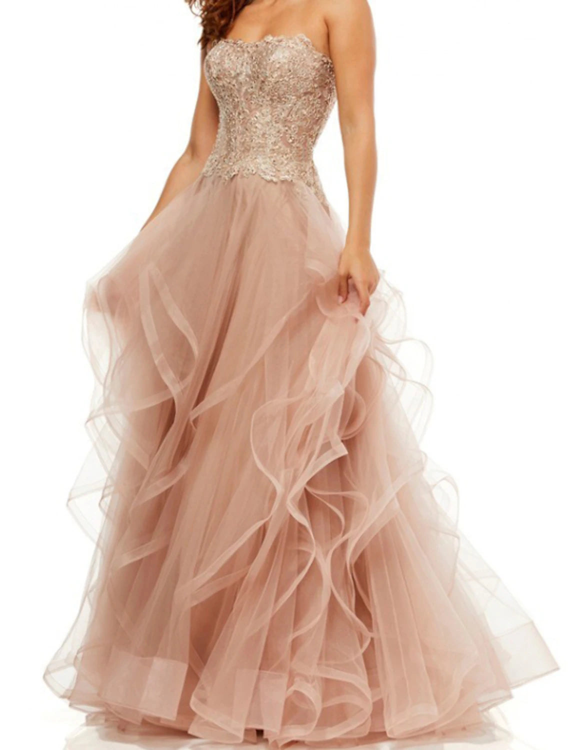 Abito da festa a trapezio, elegante abito da sera formale vintage per fidanzamento, senza spalline, senza maniche, lungo fino al pavimento, in tulle con ricami a strati