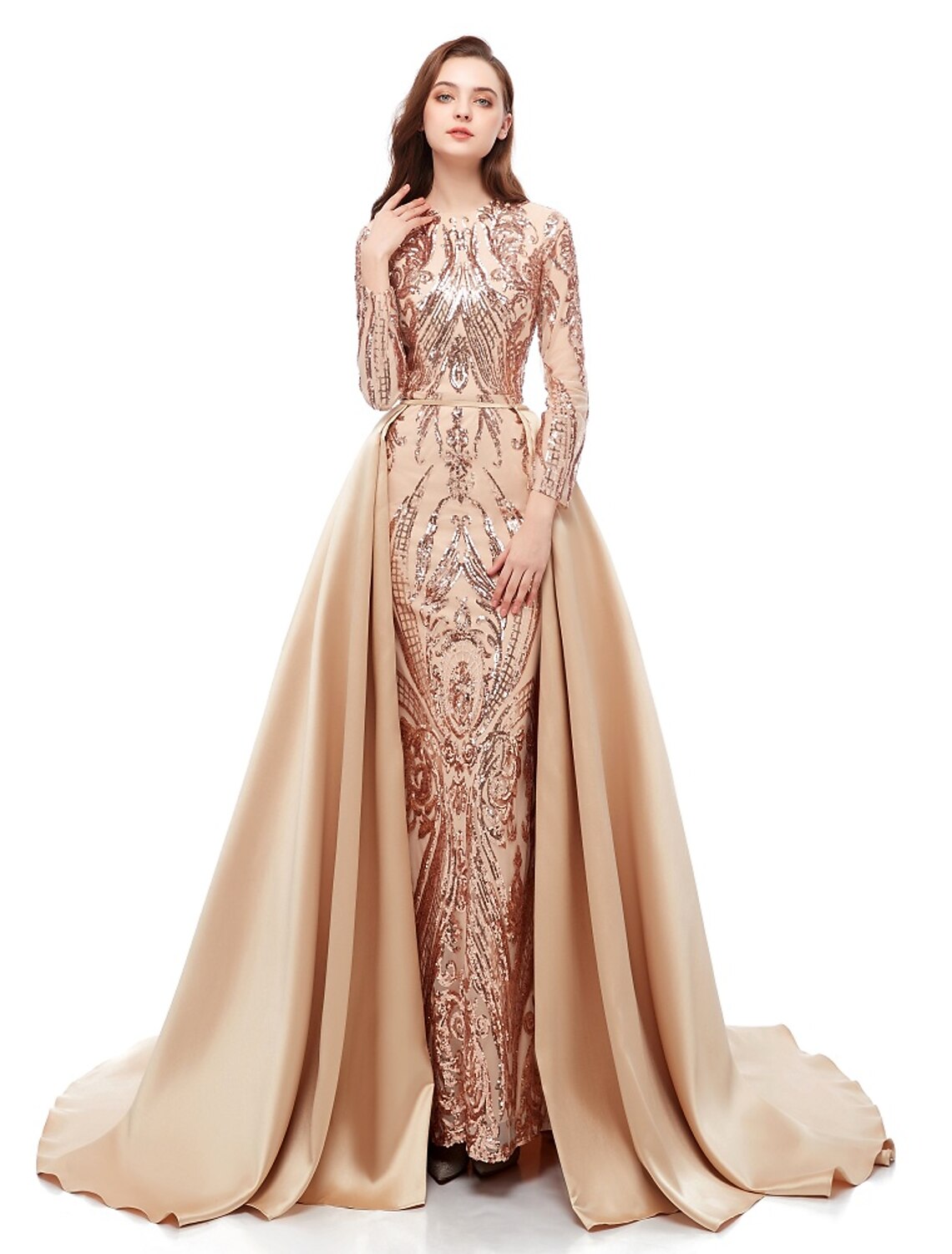 Vestido de fiesta de sirena, vestido de noche, vestido lujoso, vestido de carnaval, boda, invitado, cola de corte, manga larga, cuello joya, falda de satén desmontable con lentejuelas, estampado/estampado