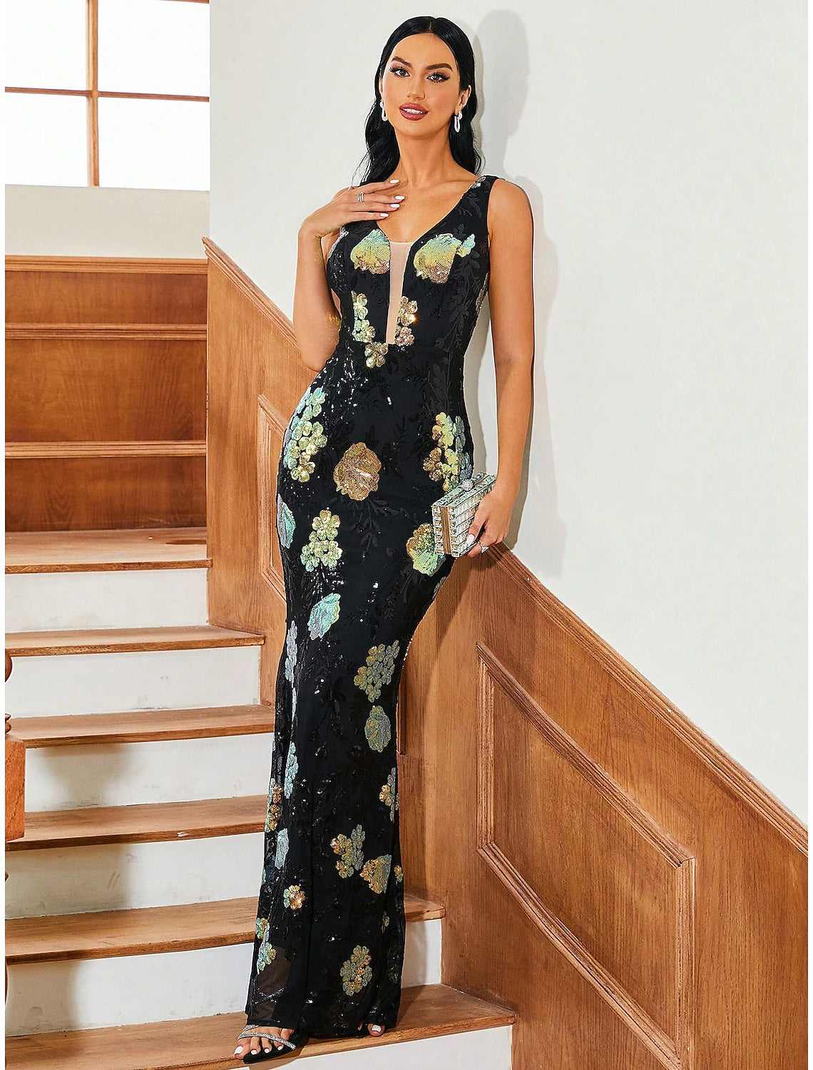 Black Sequin Sheath/column Floor-Length Evening Dress with Illusion V-Neck