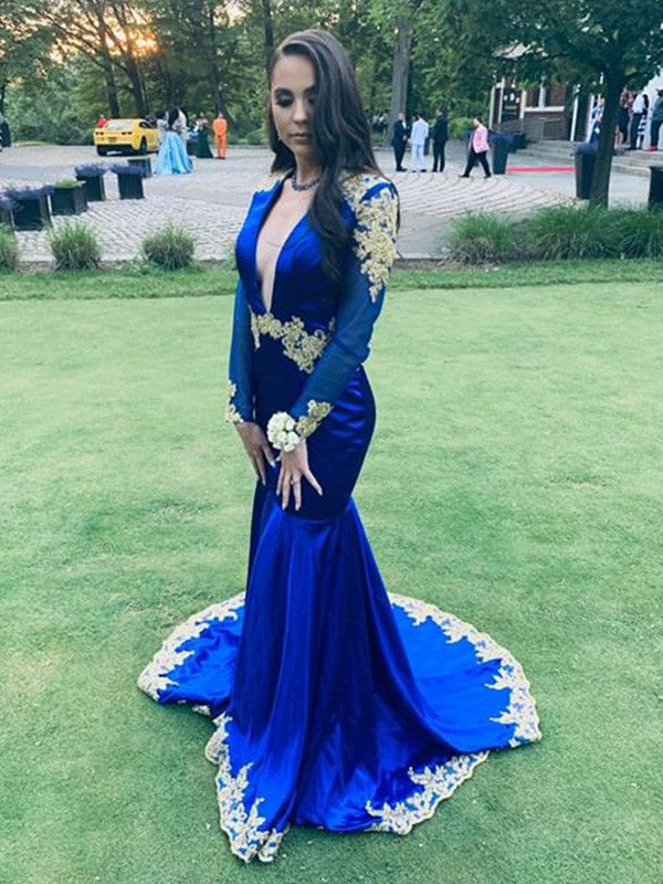 Royal Blue Satin Mermaid Floor-Length V-Neck Evening Dress with Gold Embroidery