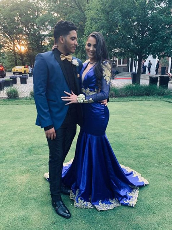 Vestidos de corte trompeta/sirena con mangas largas, satén tipo seda, escote en V, apliques y cola larga