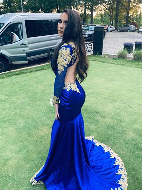 Vestidos de corte trompeta/sirena con mangas largas, satén tipo seda, escote en V, apliques y cola larga