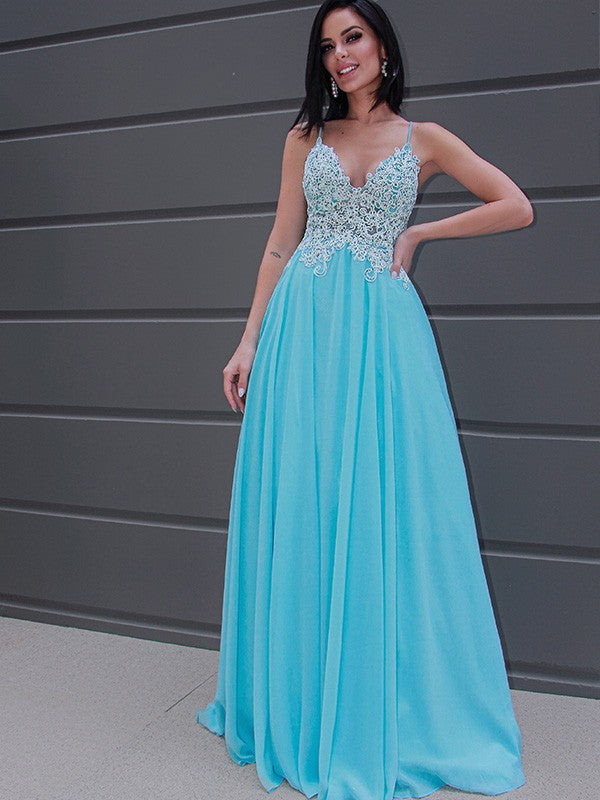 Sky Blue Chiffon A-Line Floor-Length Bridesmaid Dress with V-Neck Lace Bodice