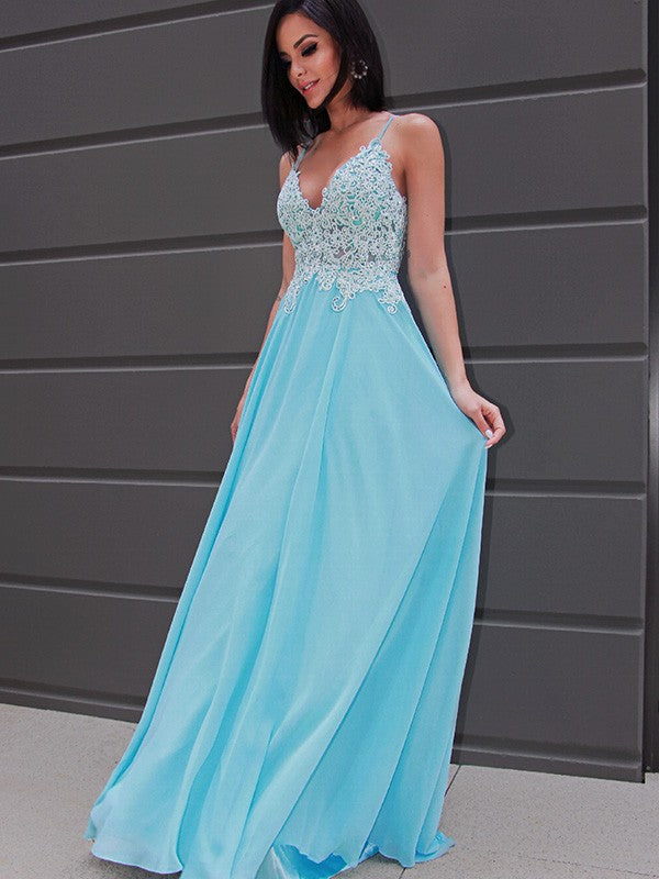 Sky Blue Chiffon A-Line Floor-Length Bridesmaid Dress with V-Neck Lace Bodice