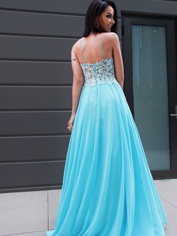 Sky Blue Chiffon A-Line Floor-Length Bridesmaid Dress with V-Neck Lace Bodice