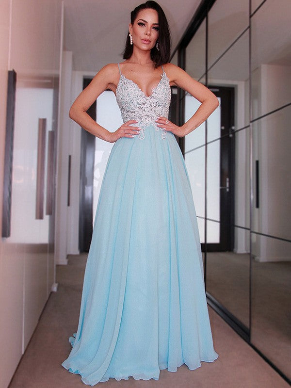 Sky Blue Chiffon A-Line Floor-Length Bridesmaid Dress with V-Neck Lace Bodice