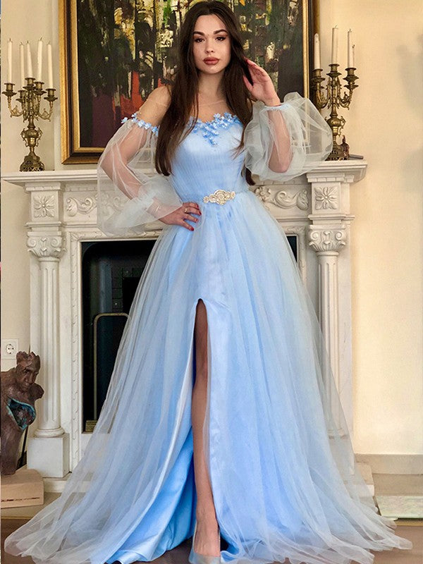 Sky Blue Chiffon A-Line Floor-Length Evening Dress with Sheer Puff Sleeves & High Slit