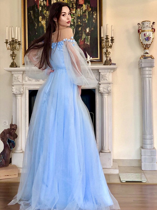 Sky Blue Chiffon A-Line Floor-Length Evening Dress with Sheer Puff Sleeves & High Slit