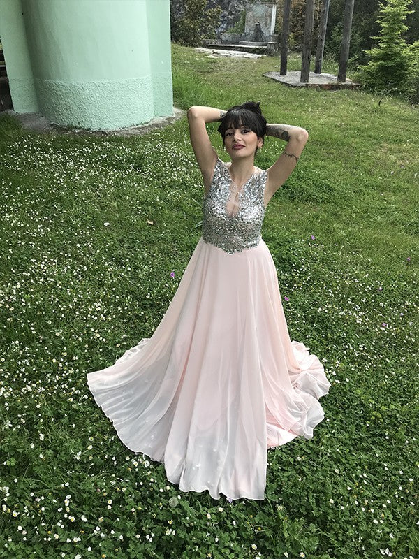 Blushing Pink Sequin Chiffon A-Line V-Neck Floor-Length Prom Dress with High Slit