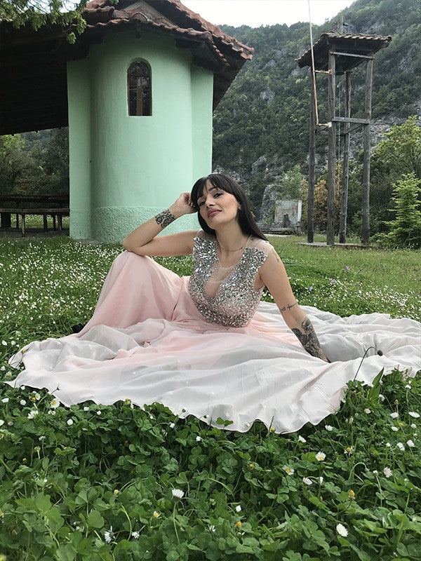 A-Line/Princess Bateau Chiffon Sequin Floor-Length Sleeveless Dresses