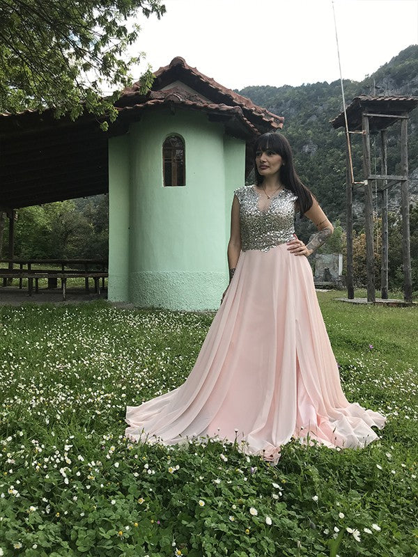 Blushing Pink Sequin Chiffon A-Line V-Neck Floor-Length Prom Dress with High Slit