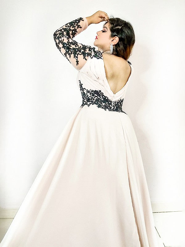Vestidos de gasa de corte A/princesa, escote en V, apliques, largo hasta el suelo, mangas largas, tallas grandes