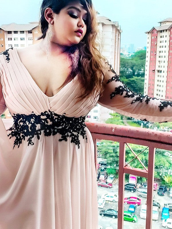 Blushing Pink Chiffon A-Line V-Neck Floor-Length Evening Dress with Lace Appliques