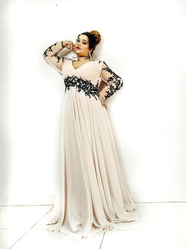 Blushing Pink Chiffon A-Line V-Neck Floor-Length Evening Dress with Lace Appliques