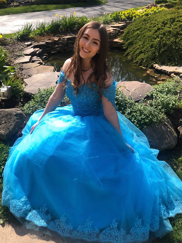 Vestidos de fiesta con hombros descubiertos, encaje, tul, sin mangas y hasta el suelo