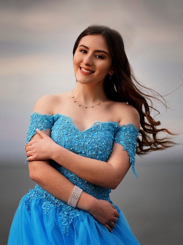 Vestidos de fiesta con hombros descubiertos, encaje, tul, sin mangas y hasta el suelo