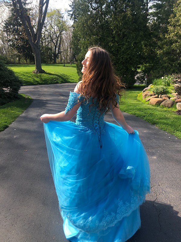 Vestidos de fiesta con hombros descubiertos, encaje, tul, sin mangas y hasta el suelo