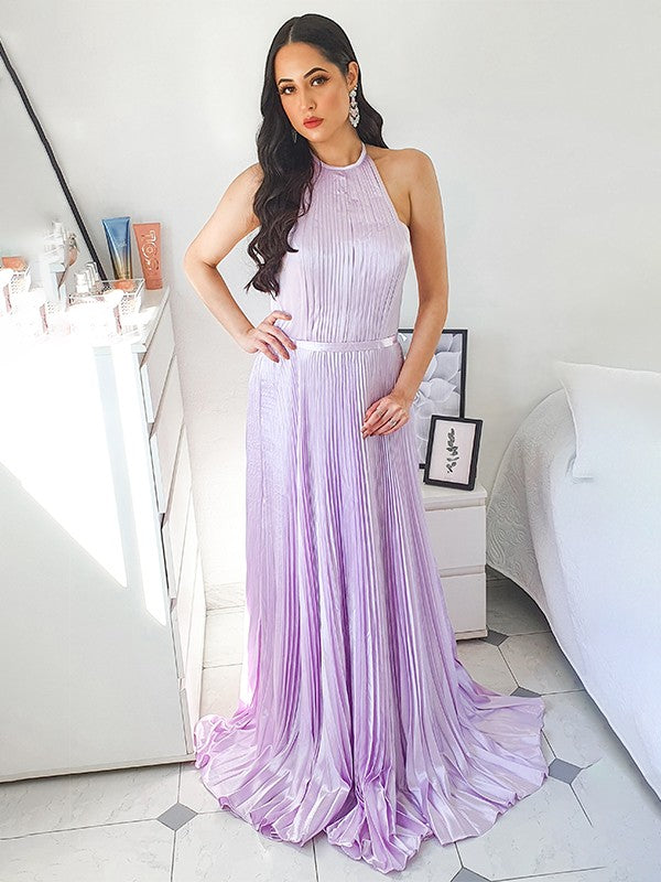Lilac Satin A-Line Halter Floor-Length Evening Dress