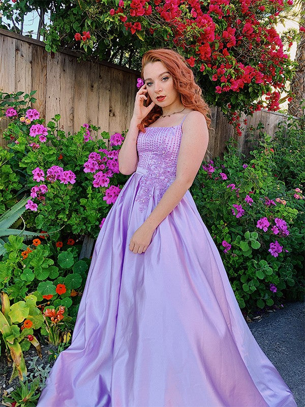 Lavender Sequin Satin A-Line Floor-Length Evening with Sequin Bodice, Spaghetti Straps & Back Zip