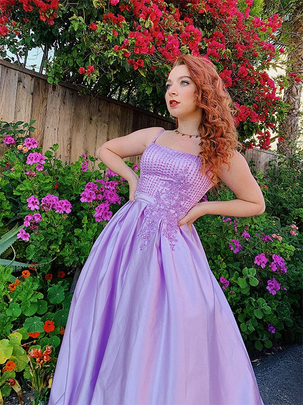 Lavender Sequin Satin A-Line Floor-Length Evening with Sequin Bodice, Spaghetti Straps & Back Zip