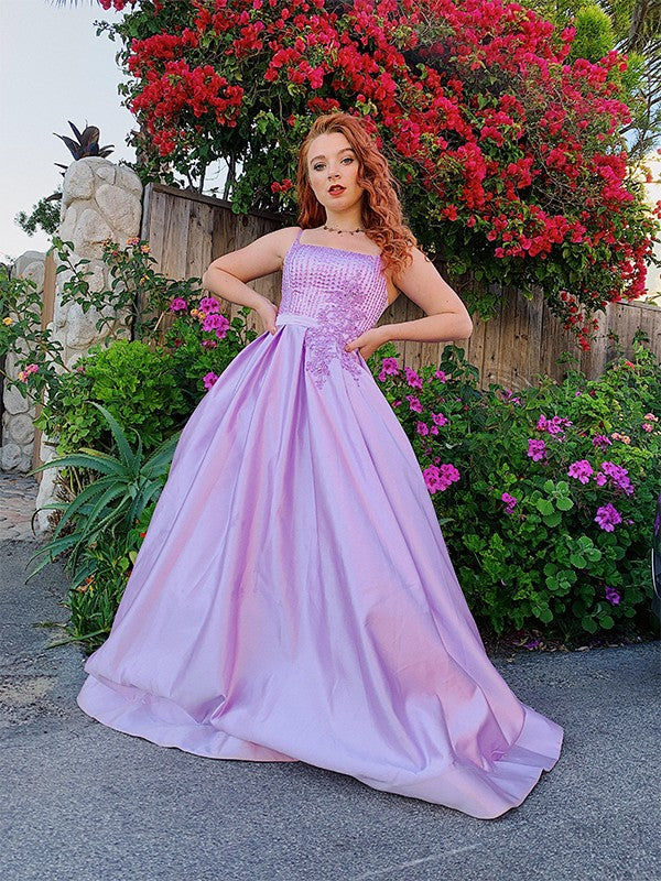 Lavender Sequin Satin A-Line Floor-Length Evening with Sequin Bodice, Spaghetti Straps & Back Zip