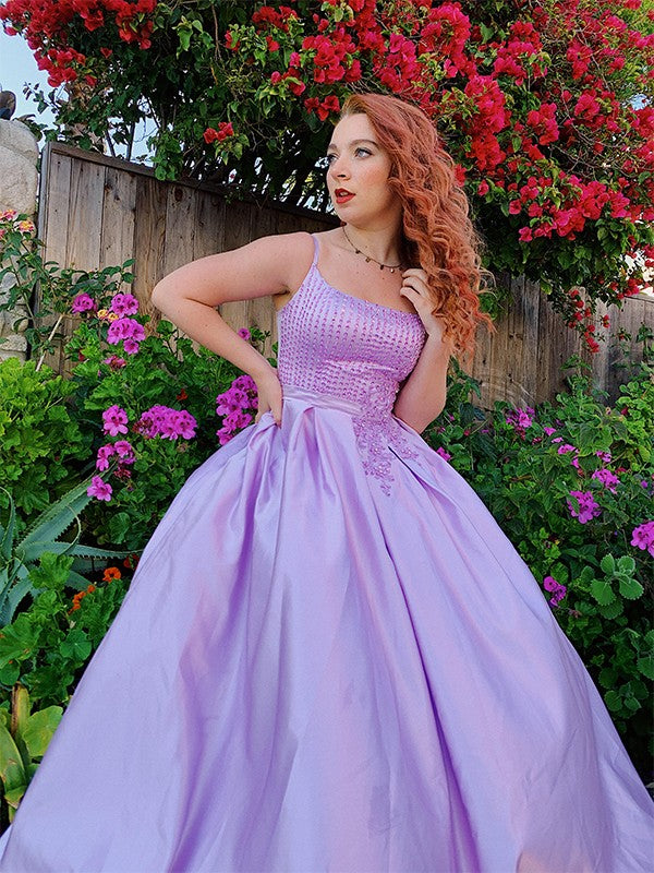 Lavender Sequin Satin A-Line Floor-Length Evening with Sequin Bodice, Spaghetti Straps & Back Zip