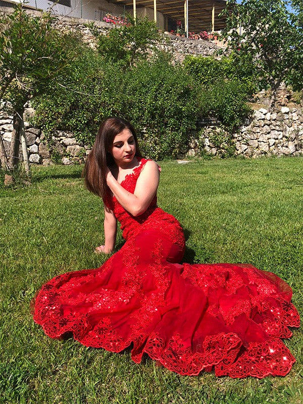 Red Sequin Mermaid Plunging V-Neck Evening Dress
