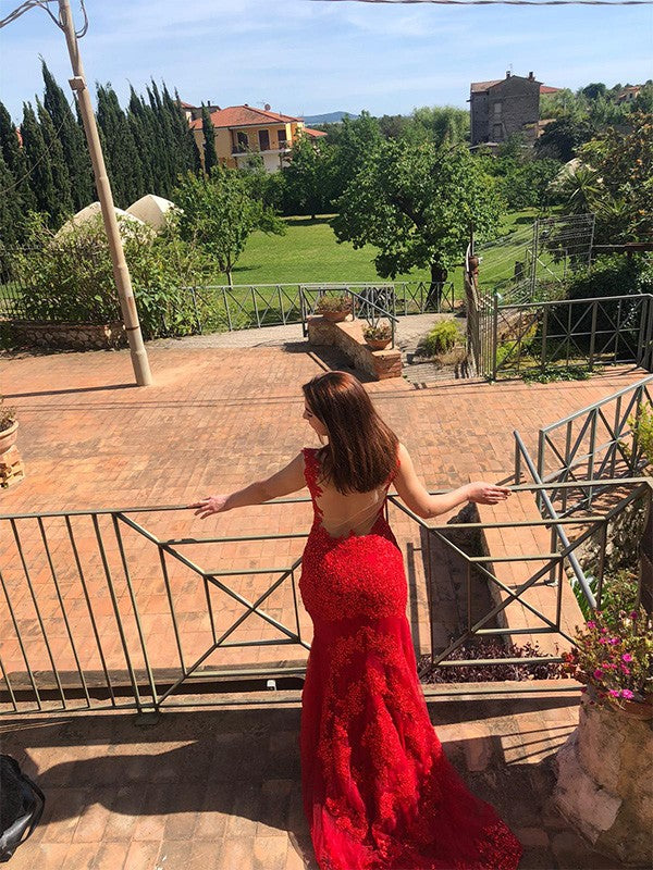 Red Sequin Mermaid Plunging V-Neck Evening Dress