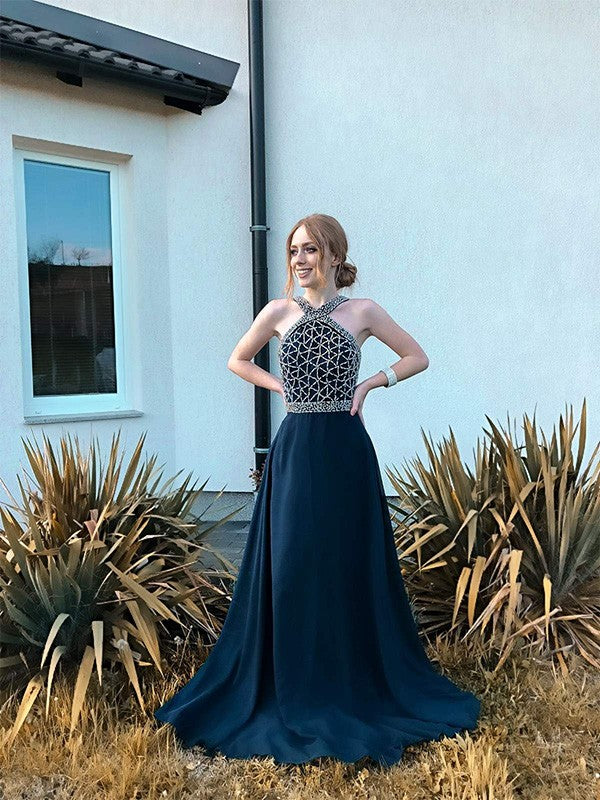 Abiti senza maniche lunghi fino al pavimento in chiffon con perline e scollo all'americana, stile principessa/a trapezio