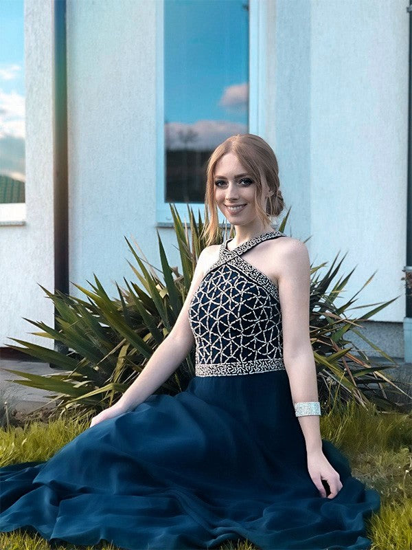 Abiti senza maniche lunghi fino al pavimento in chiffon con perline e scollo all'americana, stile principessa/a trapezio