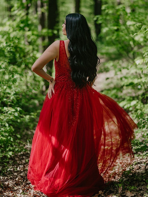 Red Sequin Tulle A-Line V-Neck Floor-Length Evening Dress